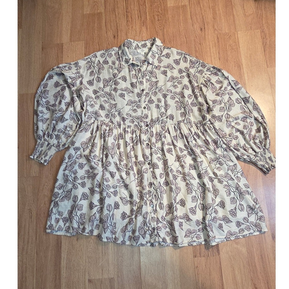 Entro Floral Babydoll Mini Dress Cream Mauve Long Sleeve Button Front Size M